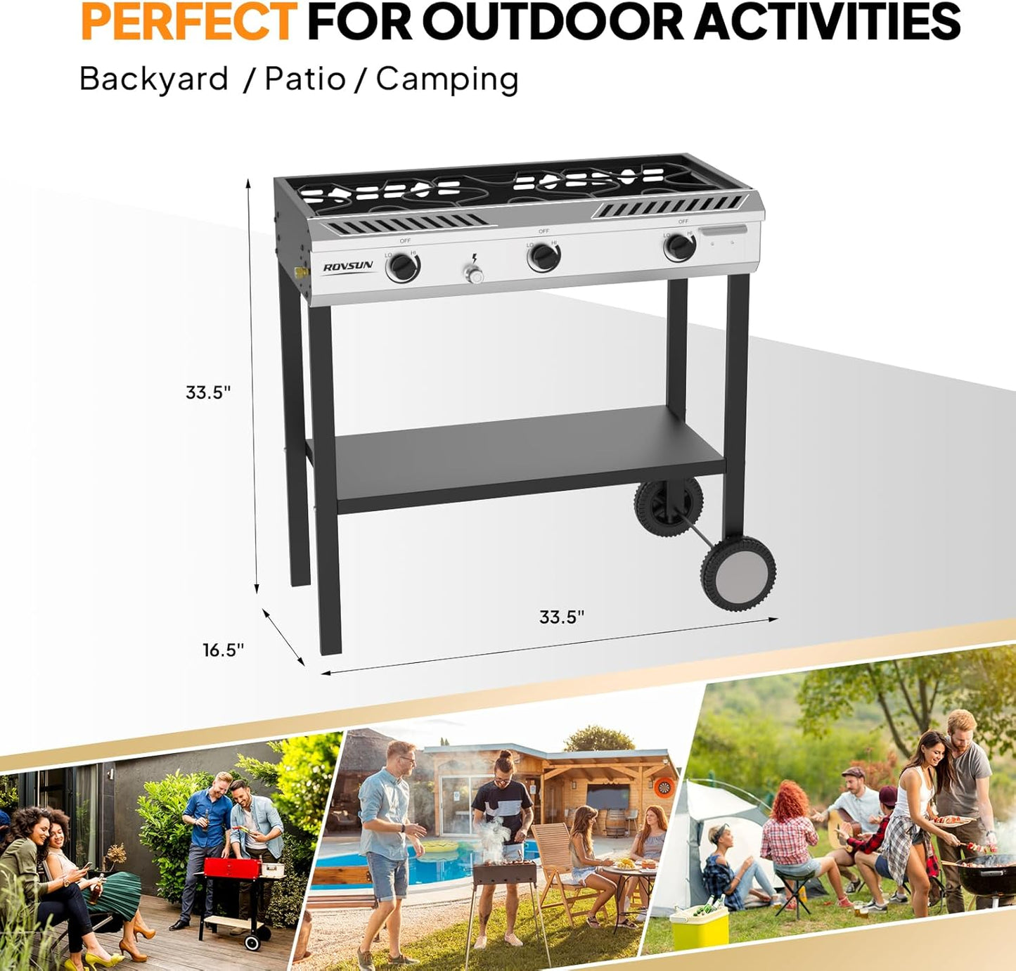 ROVSUN 3 Burner Outdoor Propane Burner with Ignition & Regulator, 225,000 BTU Powerful & Portable Gas Stove Outdoor Stand Cooker for Backyard Patio Cooking Home Camping Brewing Canning Turkey Frying