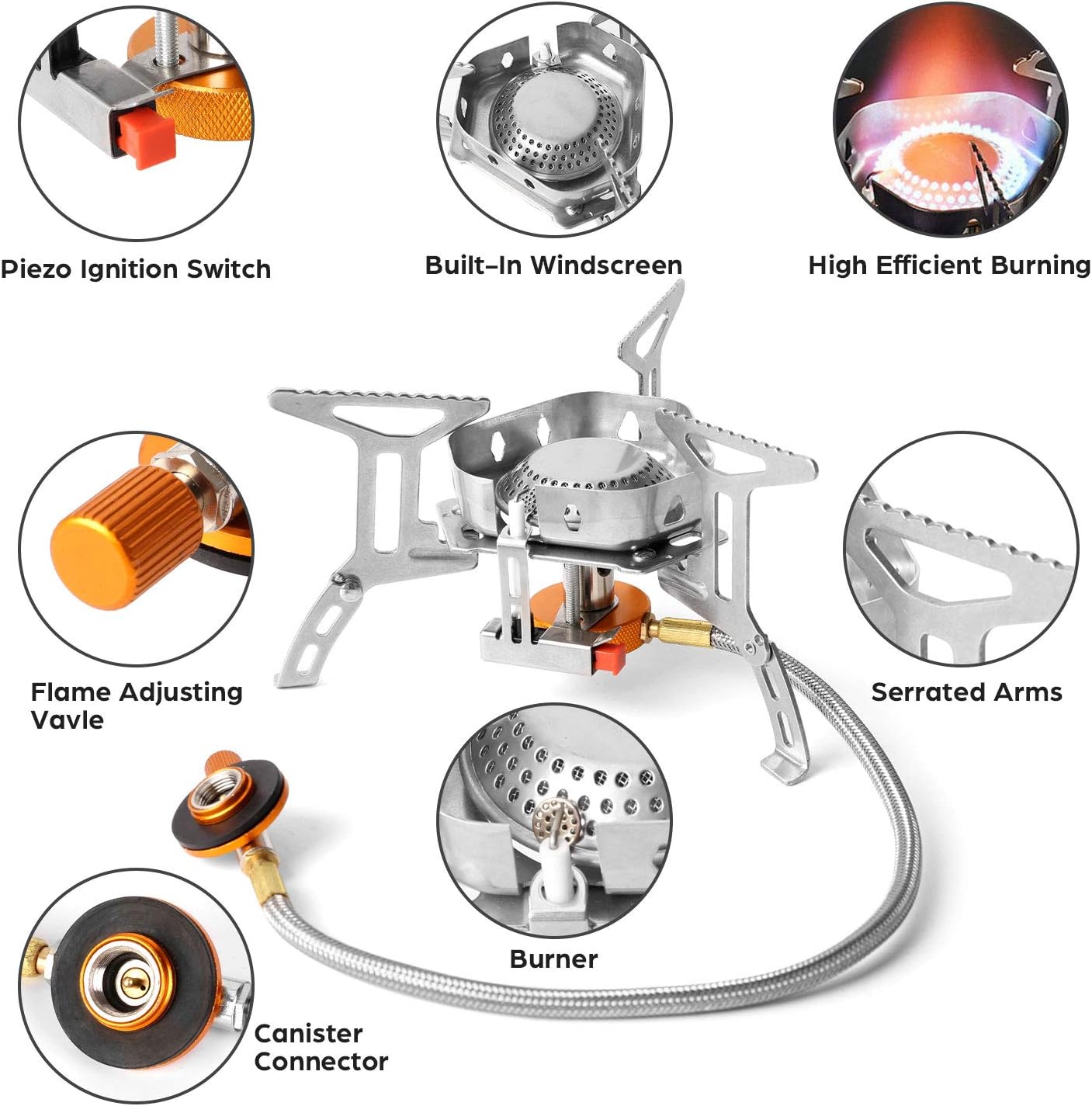 Odoland 3500W/6800W Windproof Camp Stove Camping Gas Stove with Fuel Canister Adapter, Piezo Ignition, Carry Case, Portable Collapsible Stove Burner for Outdoor Backpacking Hiking and Picnic