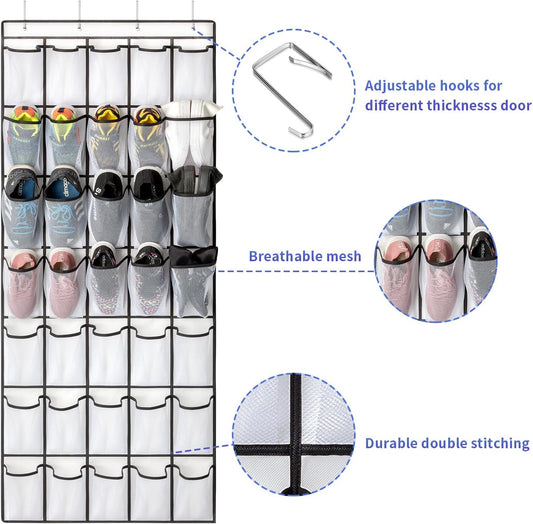 35 Pockets Over the Door Shoe Organizer, Hanging Shoe Organizer for Door with 35 Mesh Pockets Large Capacity Shoe Hanging Storage Bag with 4 Metal Hooks (White-1Pack)