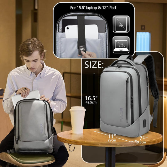 hk Laptop Backpack for Men with USB Charging Port Water-Resistant for 15.6 Inch Computer Bag Durable High-Tech Daypack Casual Backpack for Business Work College Weekender Travel- Grey