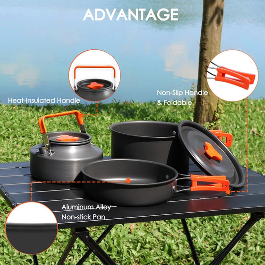 20Pcs Camping Cookware Mess Kit, Non-Stick Lightweight Camping Pots and Pans with 1.1L Kettle, 2 Set Stainless Steel Cups Plates Forks Knives Spoons for Backpacking, Hiking, Outdoor Cooking