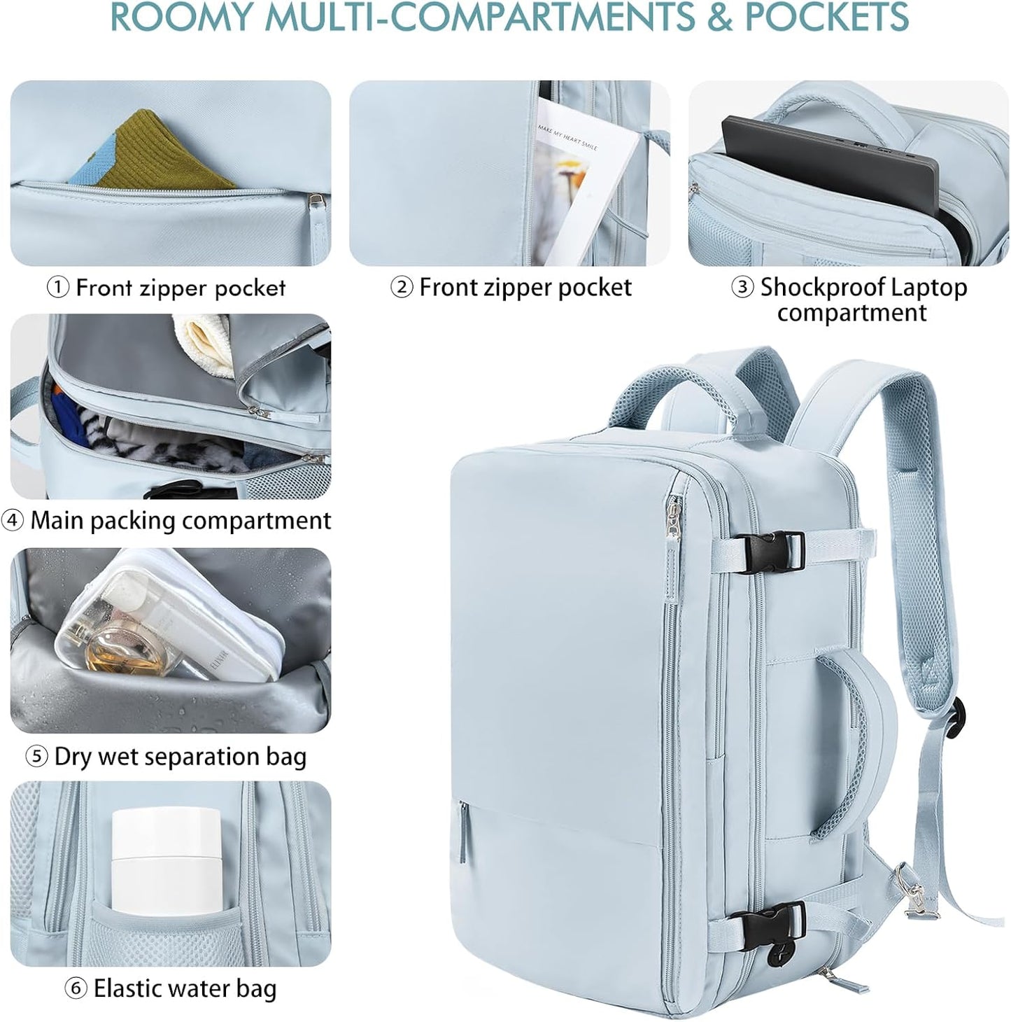 Beraliy Large Travel Backpack Women, Airline Approved Backpack, Carry On luggage, 17 inch Laptop Backpack, Waterproof Business Hiking Bag, Light-blue