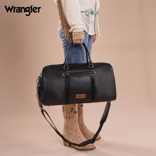 Wrangler Travel Duffel Bag Large Weekender Bag for Women Designer Carry on Overnight Bag for Trips Leather Luggage Bag Black