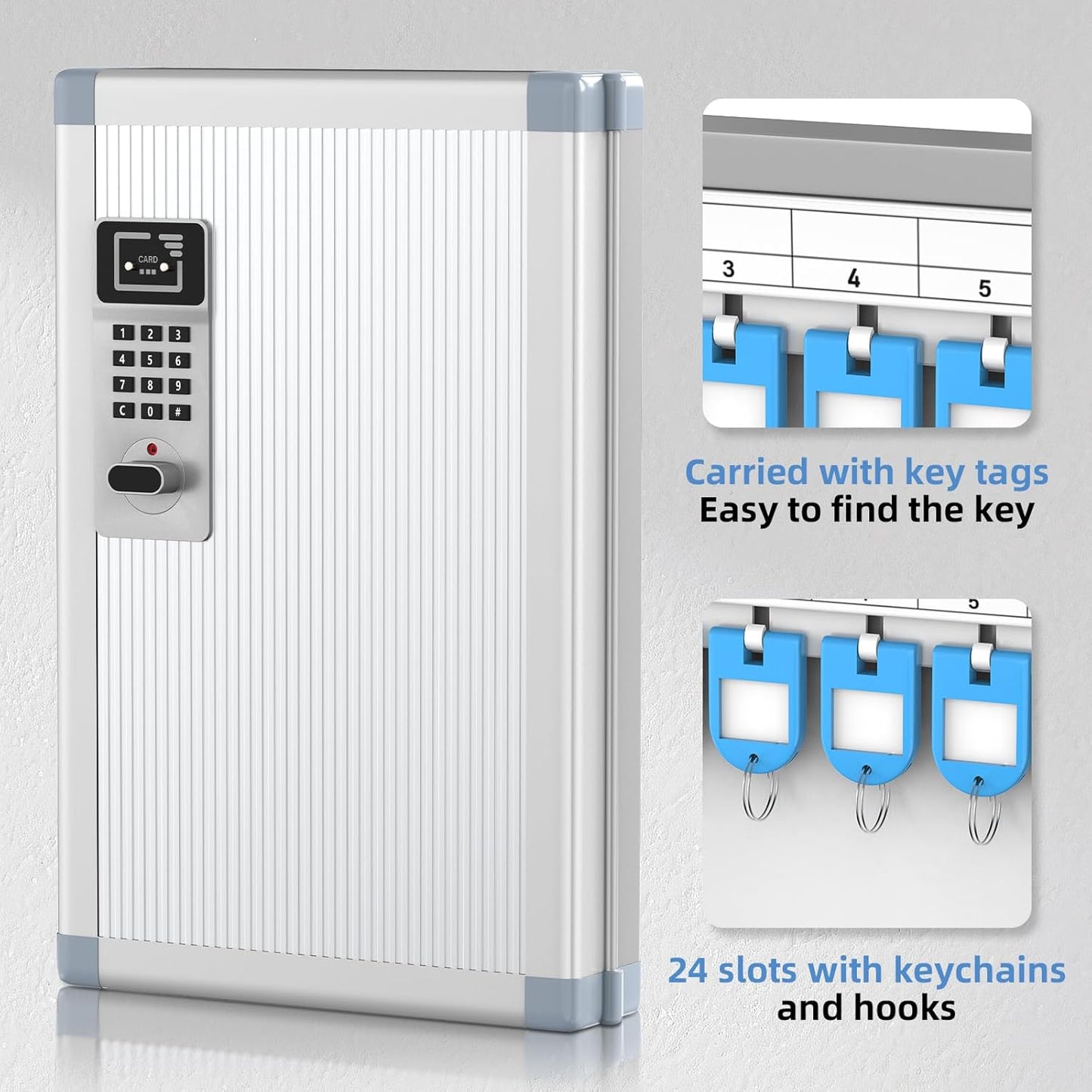 24 Slots Key Box Wall Mount with Code, Key Lock Box with Combination, Key Storage Box with Key Hooks & Tags & Lables, 8.45" x 2.55" x 13" (Silver-Code Lock, 24 Keys)