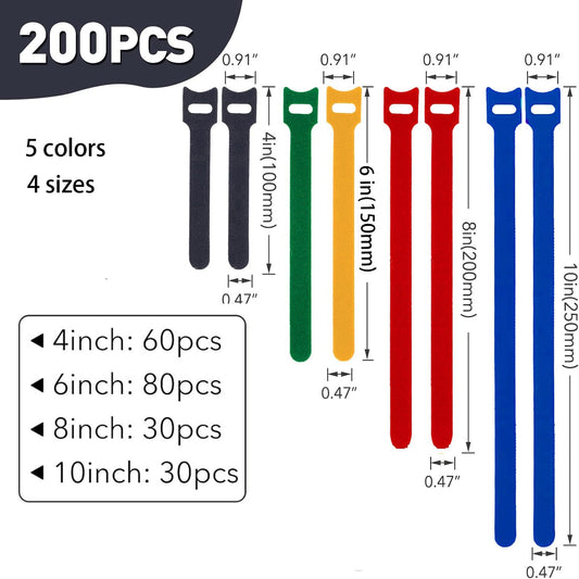 200PCS Reusable Cable Ties Wire Ties Cord Organizer Cable Organizer Adjustable Cable Management 4+6+8+10 inch 5 Colors