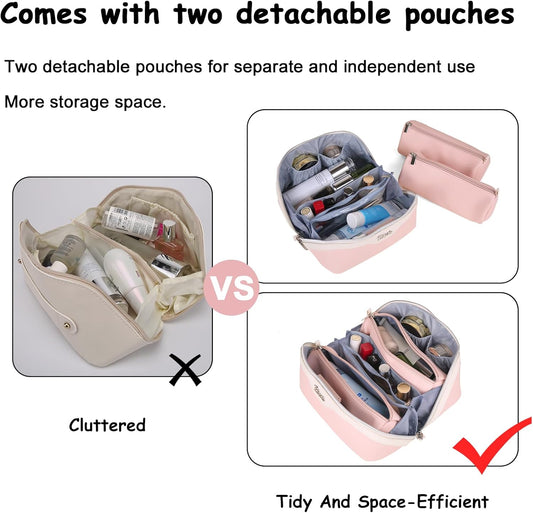 BOYATU Travel Makeup Bag Organizer Cosmetic Bag: 3 Pcs Set Make up Bags for Women with Handle - Waterproof Vegan Leather Toiletry Bags with Comparments (D-04-Pink)