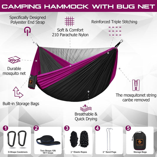 Camping Hammock, Portable Hammocks with Mosquito Net,Lightweight Nylon Parachute Hammock with 10ft Tree Straps,Camping Gear Must Haves for Travel Hiking Backpacking Beach Patio-Black&Pink
