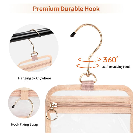 CUBETASTIC Clear Makeup Bag for Women, Transparent Cosmetic Organizer Case for Travelling, Hanging Toiletry Bag for Travel Essentials 3 Comparment Skincare Pouch with Potable Handle