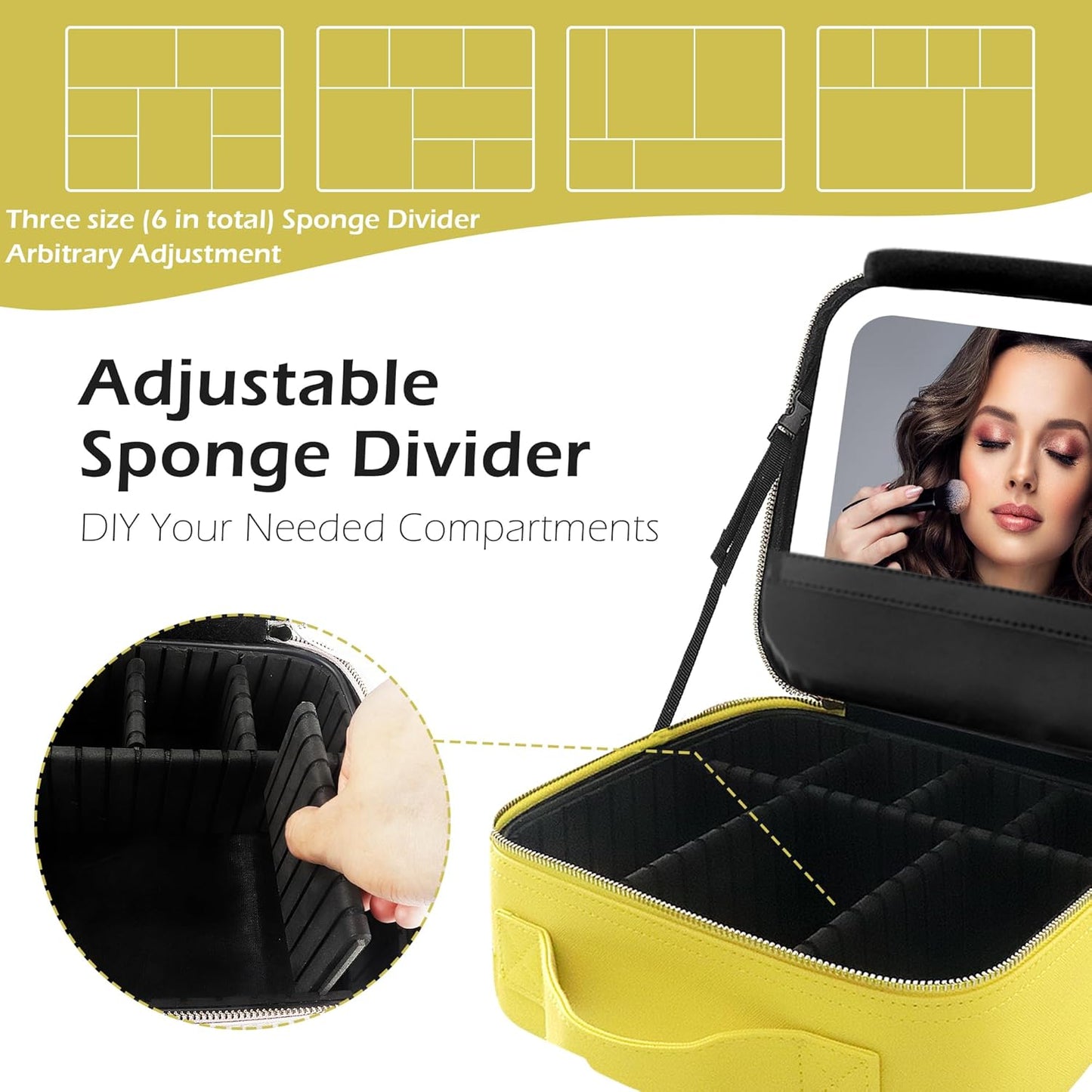 MOMIRA Travel Makeup Bag Cosmetic Bag Makeup Organizer Bag with Large Lighted Mirror 3 Color Scenarios Adjustable Brightness,Yellow