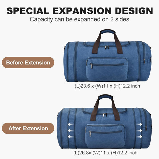 Felipe Varela 60L Duffle Bag for Men, Large Expandable Canvas Duffel Bag for Travel, Mens Carry On Luggage Bag Traveling Weekender Gym Overnight Bags for Airplanes, Blue