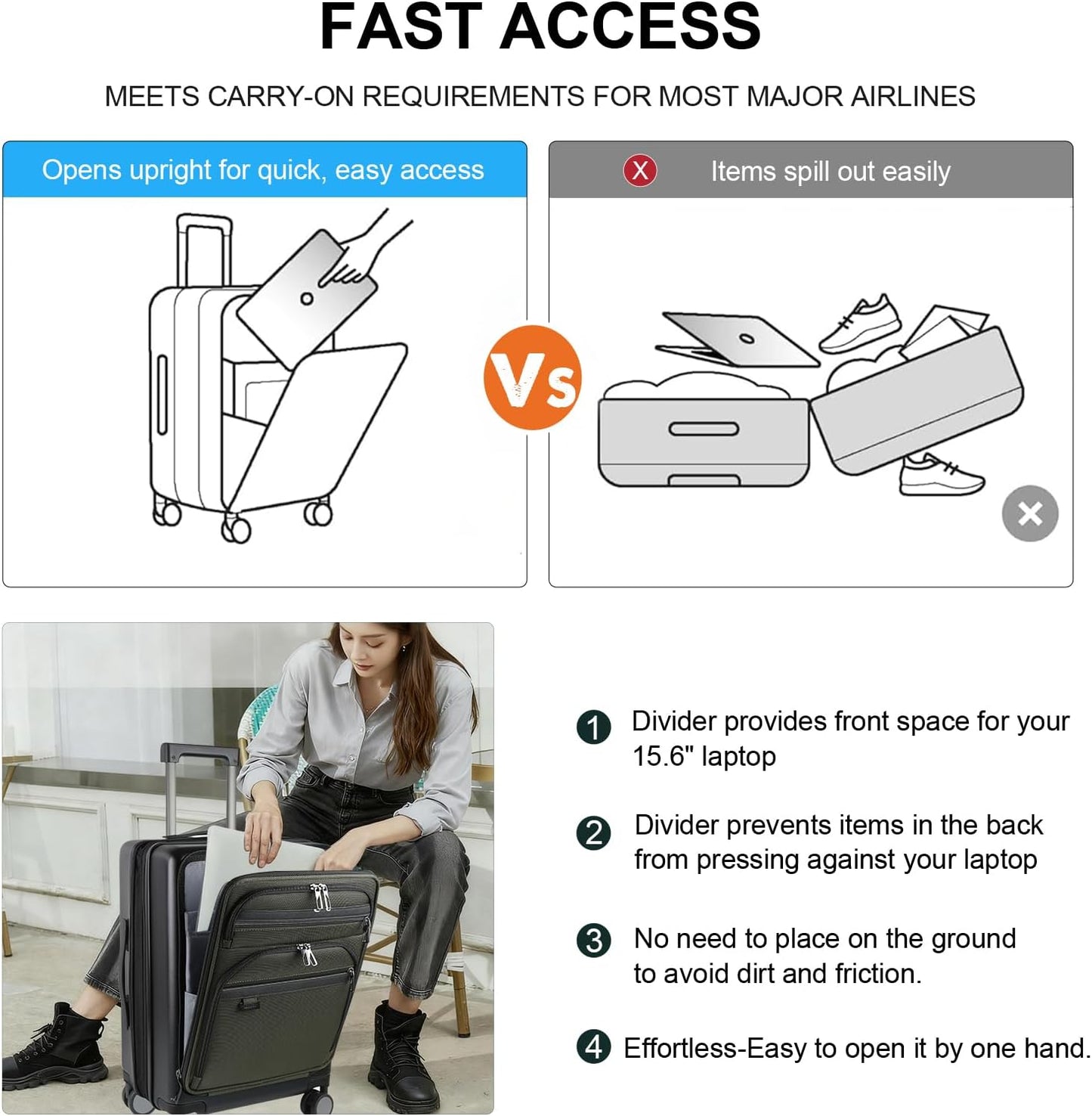KROSER Hardside Expandable Carry On Luggage 22x14x9 Airline Approved With Front Business Pockets, 20 Inch Suitcases with Wheels, Carry on Suitcase with TSA Lock & USB Port, Black-Army Green