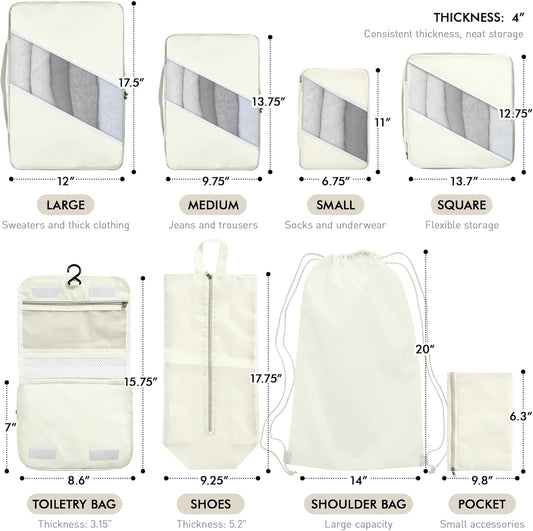 WVM Packing Cubes for Travel, 8 Set Luggage Organizer Bags with Shoe Bag, Toiletry Bag & Laundry Bag, Travel Accessories Essentials Packing Organizer, Beige