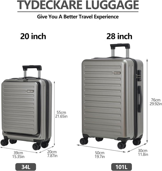 TydeCkare 2pcs 20/28" Luggage Set Lightweight HardShell, Only 20 Inch Carry On 21.65 * 15.35 * 7.87" Cabin Suitcase with Front Pocket, 28 Inch 19.68 * 11.81 * 29.92" Checked Luggage, Gray