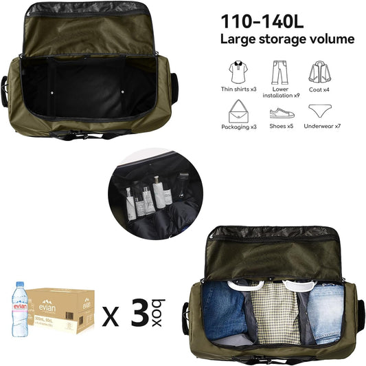 Rolling Duffle Bag with Wheels,110L/140L Expandable Soft-Sided Foldable Duffle Bag with 2 Rubber Wheels,Packable 32” Rolling Carry-On with Multi-Pockets & Compartments (Green)