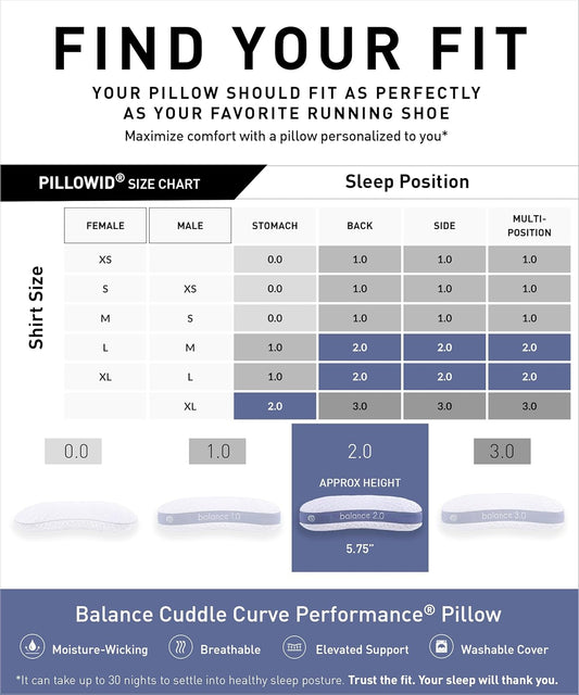 Bedgear Balance Cuddle Curve Performance Pillow - Size 2.0 - Moisture-Wicking Pillow for Side Sleepers - Medium Firmness Bed Pillow- Hypoallergenic, Washable Removable Cover - 20" W x 26" L x 5.75" H