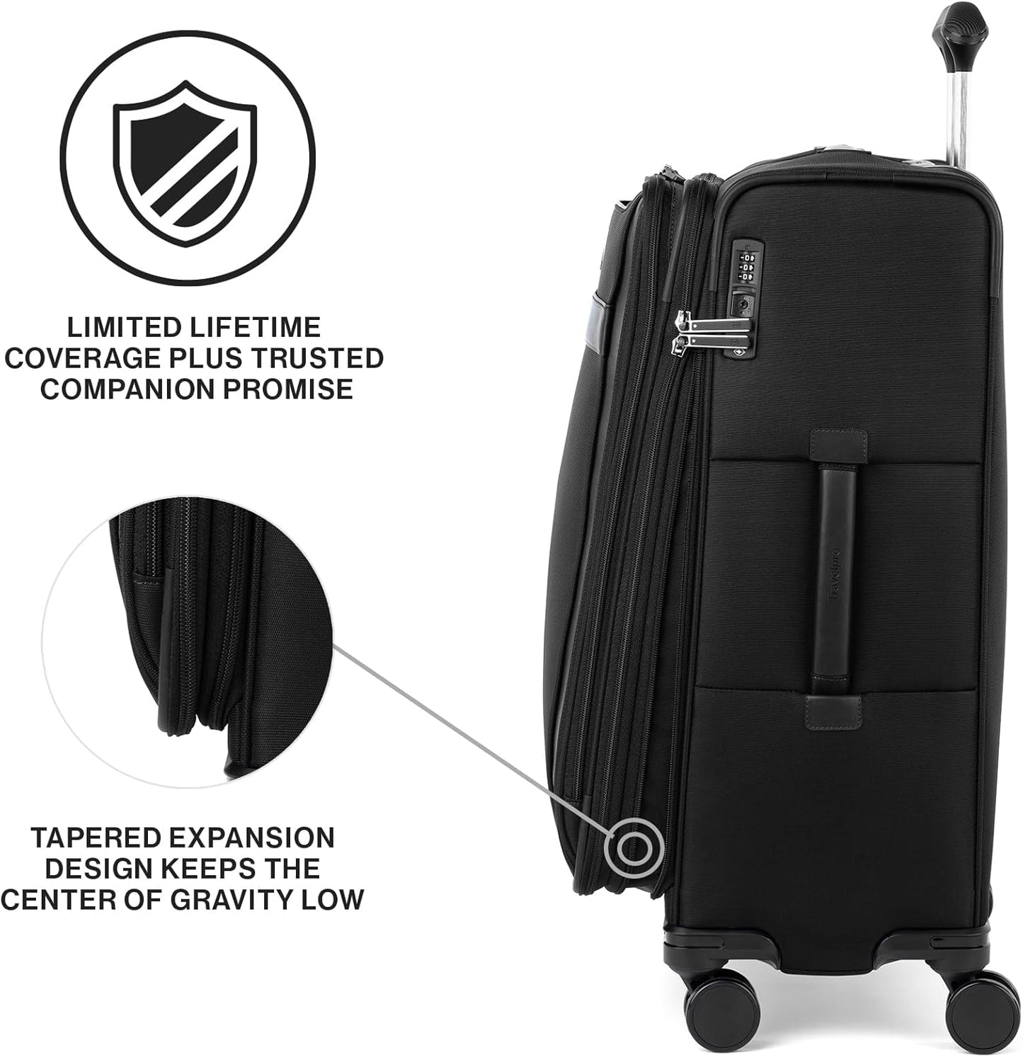 Travelpro VersaPack+ Lightweight Softside Expandable Checked Luggage, 8 Spinner Suitcase, TSA Lock, Men and Women, Checked Medium 25-Inch, Black