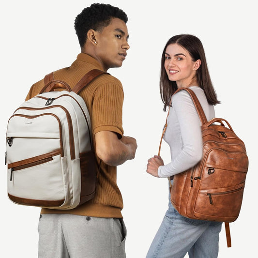 43L Backpack for Women Men - Vegan Leather Backpack Purse Travel Carry-on Bag College Bookbag Work fits 17" Laptop, Brown