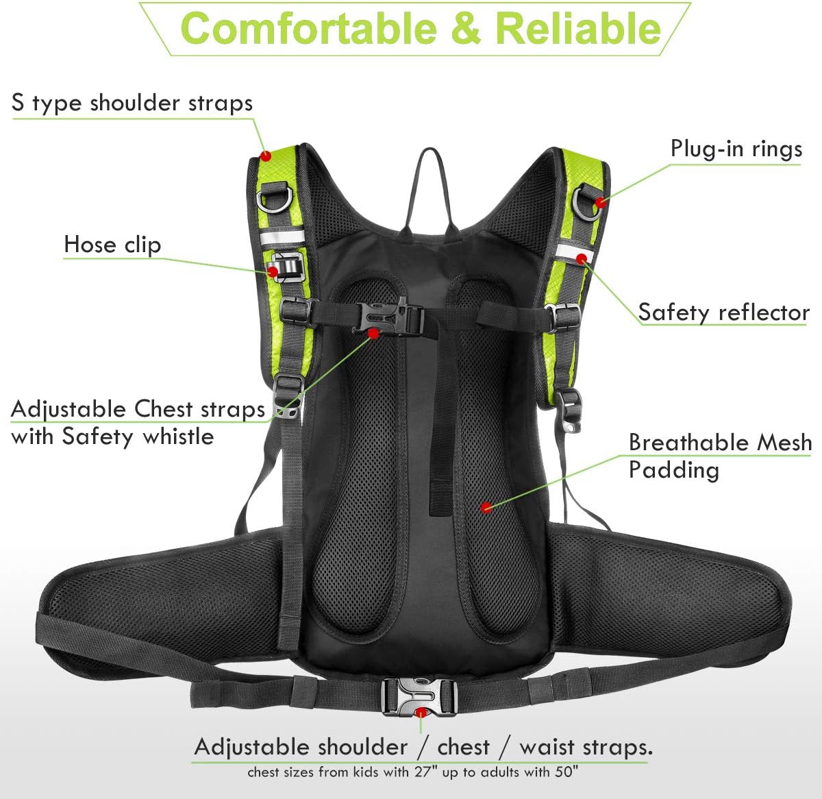Insulated Hydration Backpack Pack with 3L BPA Free Leak Proof Water Bladder, Large Storage Lightweight Hiking Daypack with Waist Pouches & Cooler Layer, for Running, Biking, Camping, Festival
