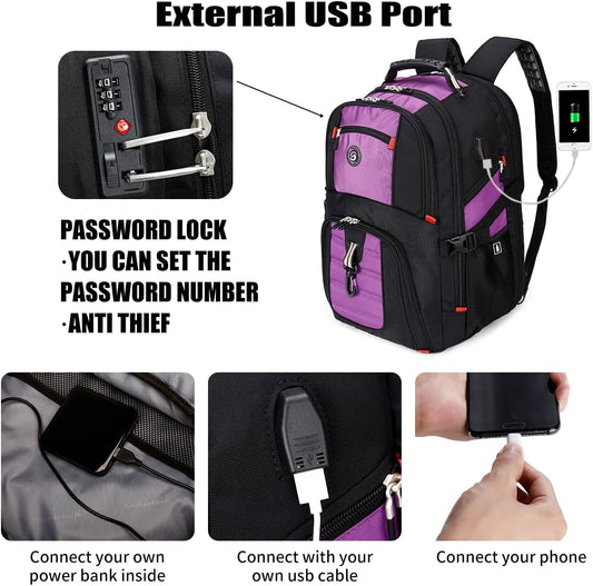SHRRADOO Extra Large 50L Travel Laptop Backpack with USB Charging Port, College High School Backpack Airline Approved Business Work Bag Fit 17 Inch Laptops for Men Women,Purple