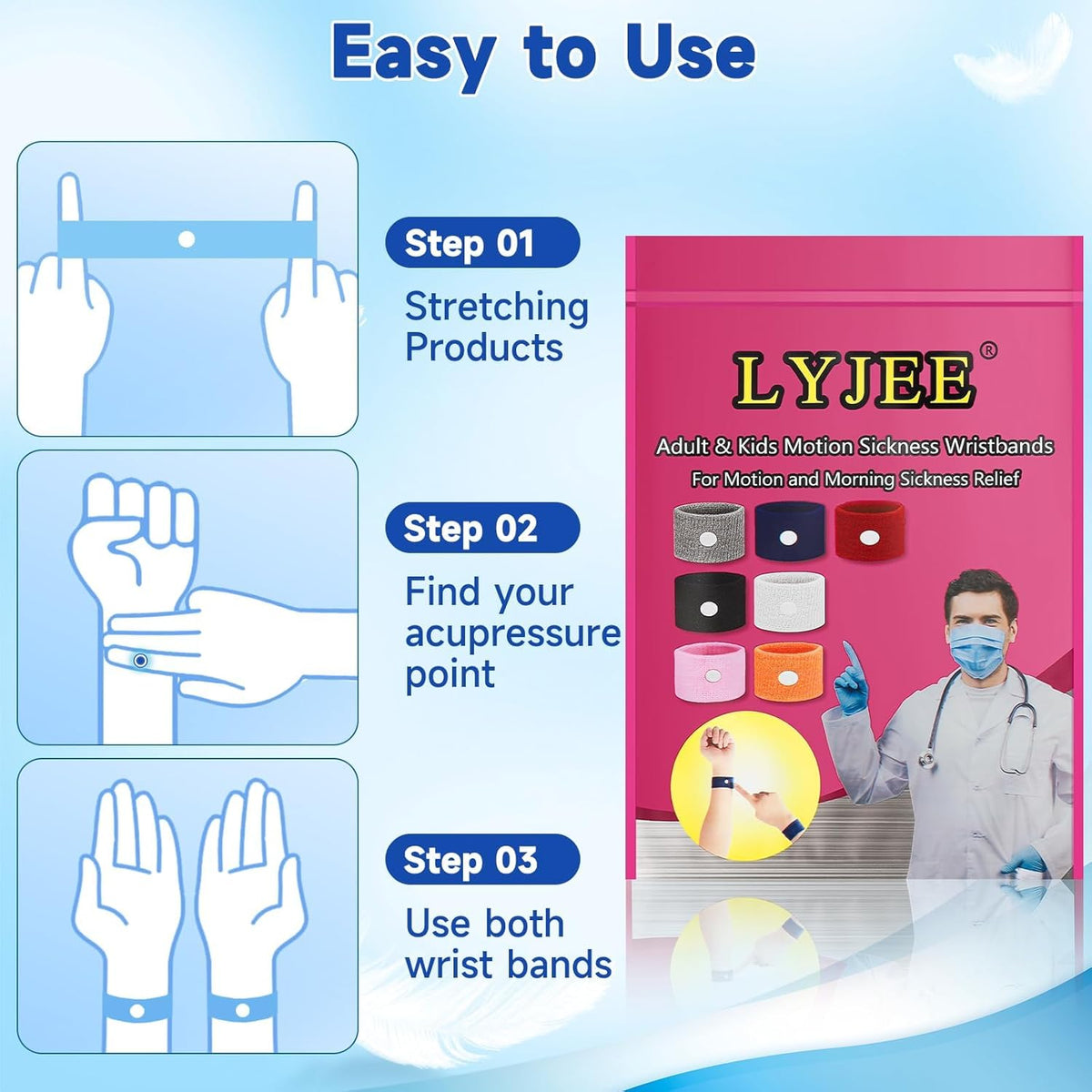 LYJEE 5 Pairs Motion Sickness Bands, Nausea Wristbands for Car Sickness, Relief Wristbans for Mornig Sea Flying Travel