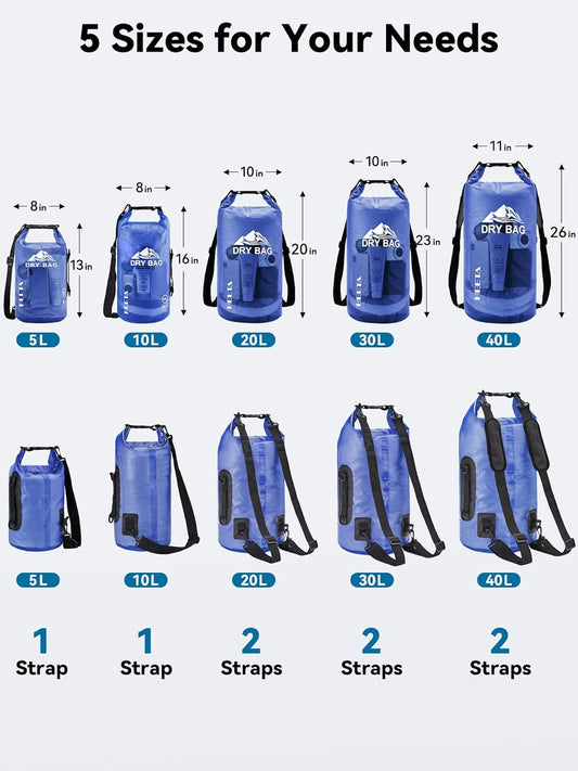 HEETA Dry Bag Waterproof for Women Men, 5L/10L/20L/30L/40L Roll Top Lightweight Dry Storage Bag Backpack with Phone Case for Travel Swimming Boating Kayaking Paddle Board Camping Beach Accessories