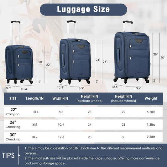 Merax Softside Luggage Set Softshell Lightweight 3 Piece Spinner Suitcase with Duffel Bag Expandable Upright Travel Luggage 22" 26" 30",Deep Blue