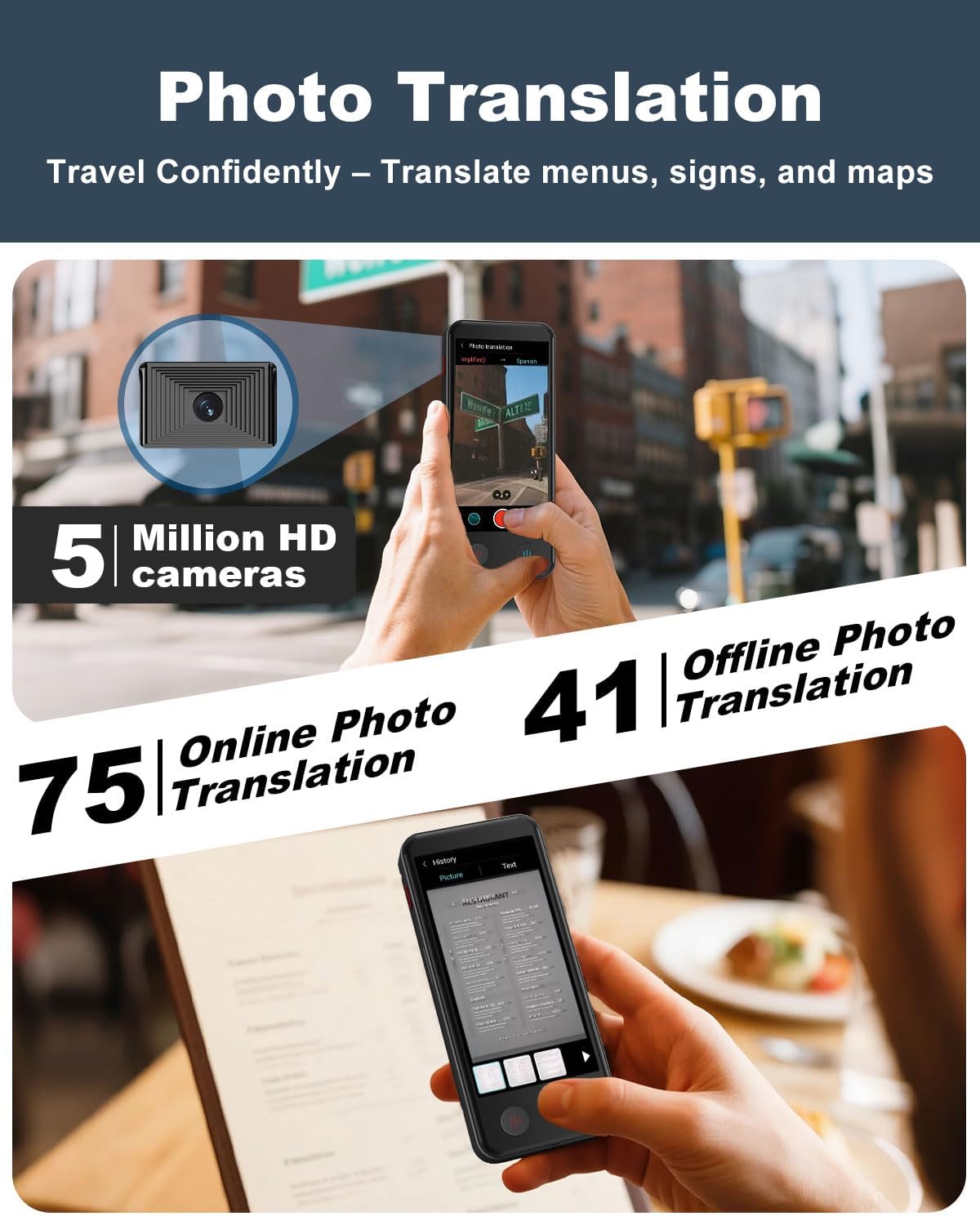 Language Translator Device No WiFi Needed, Dual Screen Real Time Translator Two Way Voice Translation with 139 Languages Online, Offline&Recording&Photo&Text&Group Translation for Business Travel