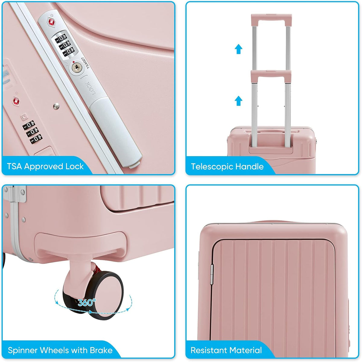 TABU 20" Ride-on Luggage with Seat,Front Opening Carry-On Hardshell Ride On Suitcase with Built-in Charging Port, 360° Lockable Spinner and TSA Lock, for Kids & Adults, Pink