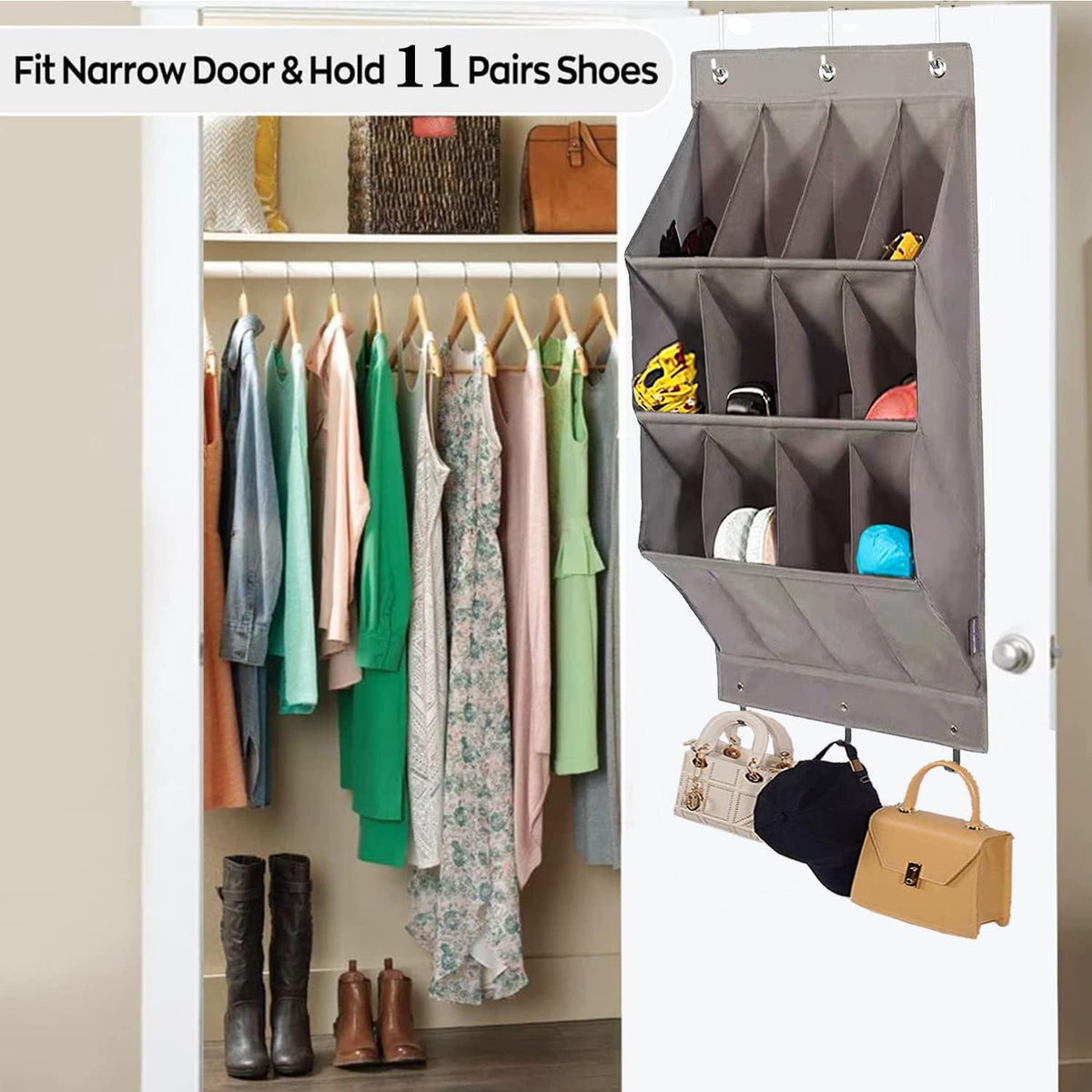 Over the Door Shoe Organizer, 12 Pockets Hanging Shoe Storage Rack with Large Deep Pockets, Oxford 600D Fabric Grey Shoe Storage Rack with 6 hook for Shoes, Slipper,Home Accessories etc-Black