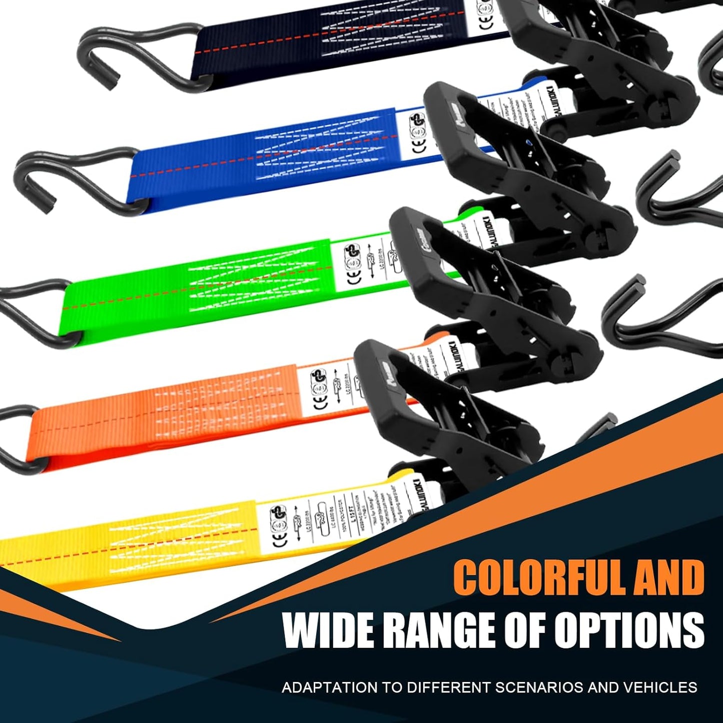 6 Pack 2 inch Ratchet Straps Heavy Duty J Hook 2 in x 15ft with Strong Ratcheting, Cargo Load Tie Down Strap 2200lbs Working Load for Trucks Orange