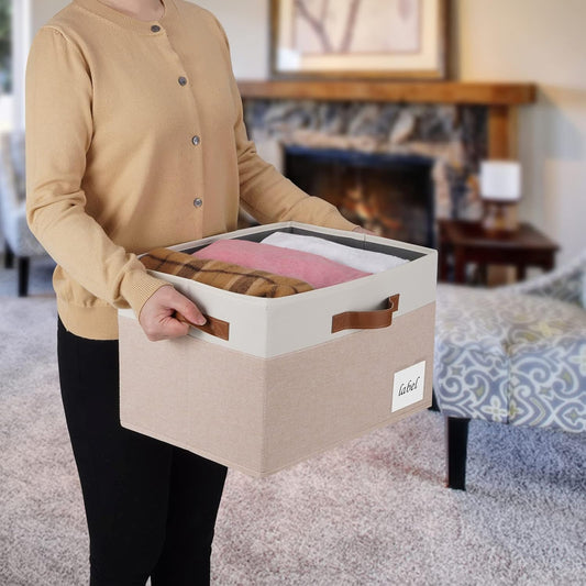 Large Storage Bins with Lids, Foldable Fabric Storage Baskets with Lids, Sturdy Storage Boxes with Labels and 3 PU Handles for Closet Home Bedroom Office (26L, 3 Packs, Pink&White)