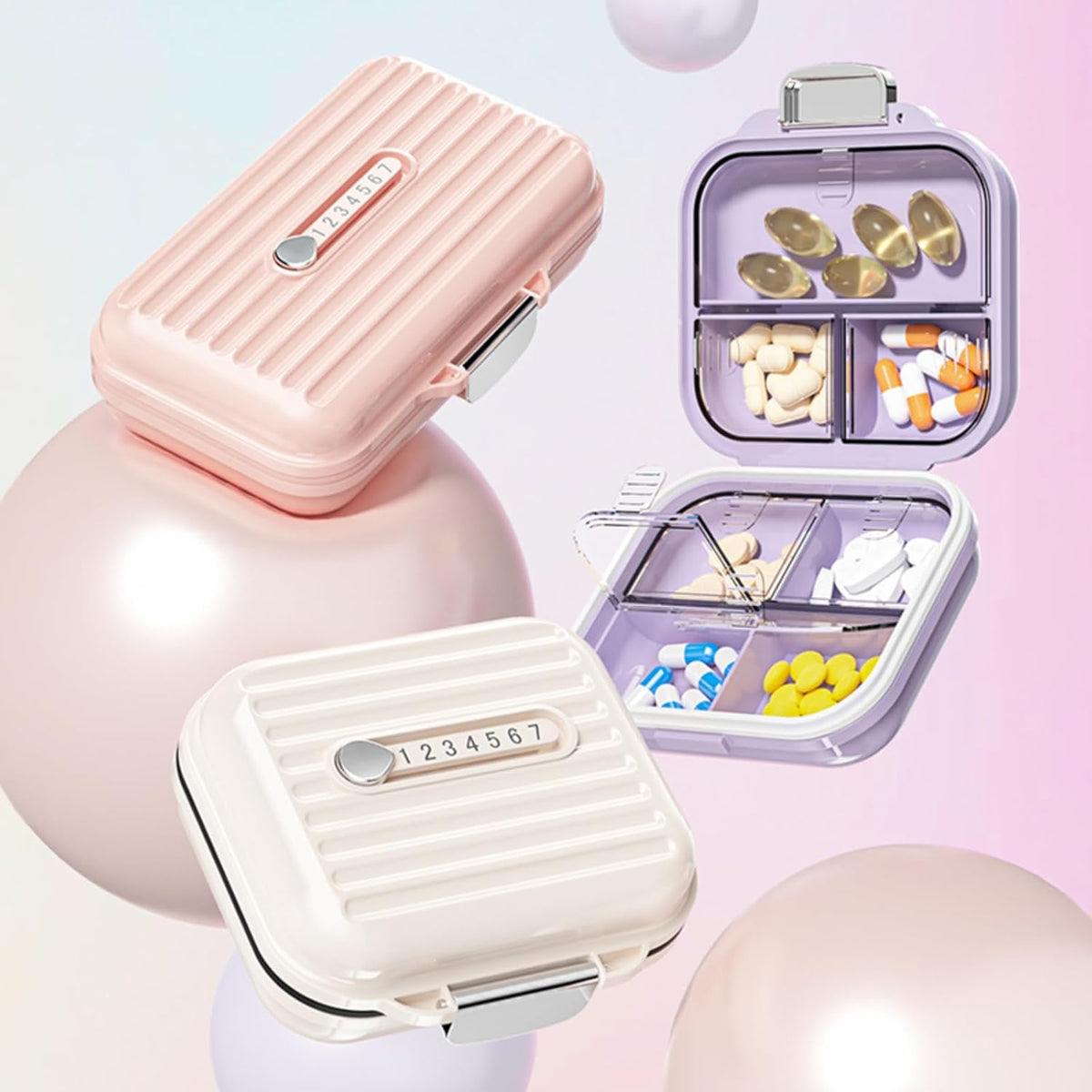 Travel Pill Organizer Box with Labels, 7 Compartments Portable Mini Pill Case, Daily Medication Organizer Storage Pill Container for Pocket Pharmacy(Pearly White, S)