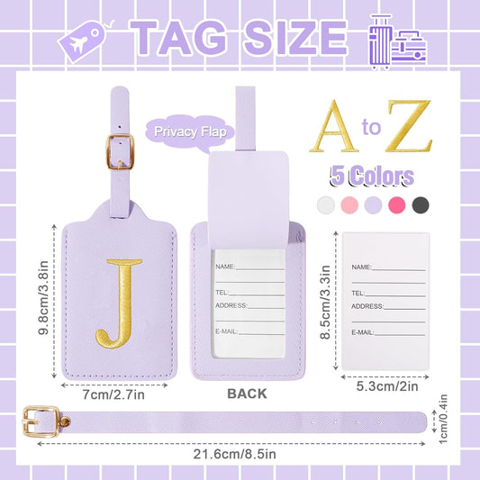 Personalized Initial Luggage Tags for Suitcase, Purple Leather Cute Luggage Tags with Privacy Cover Name Card, Embroidered Custom Monogrammed Luggage Tag Travel Backpack Tags Gifts for Women Kids(J)