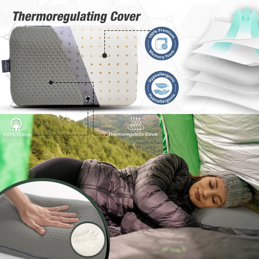 Travel & Camping Comfortable Memory Foam Pillow – Easy to Carry Portable Bag – Temperature Regulating Pillow Case (Grey)