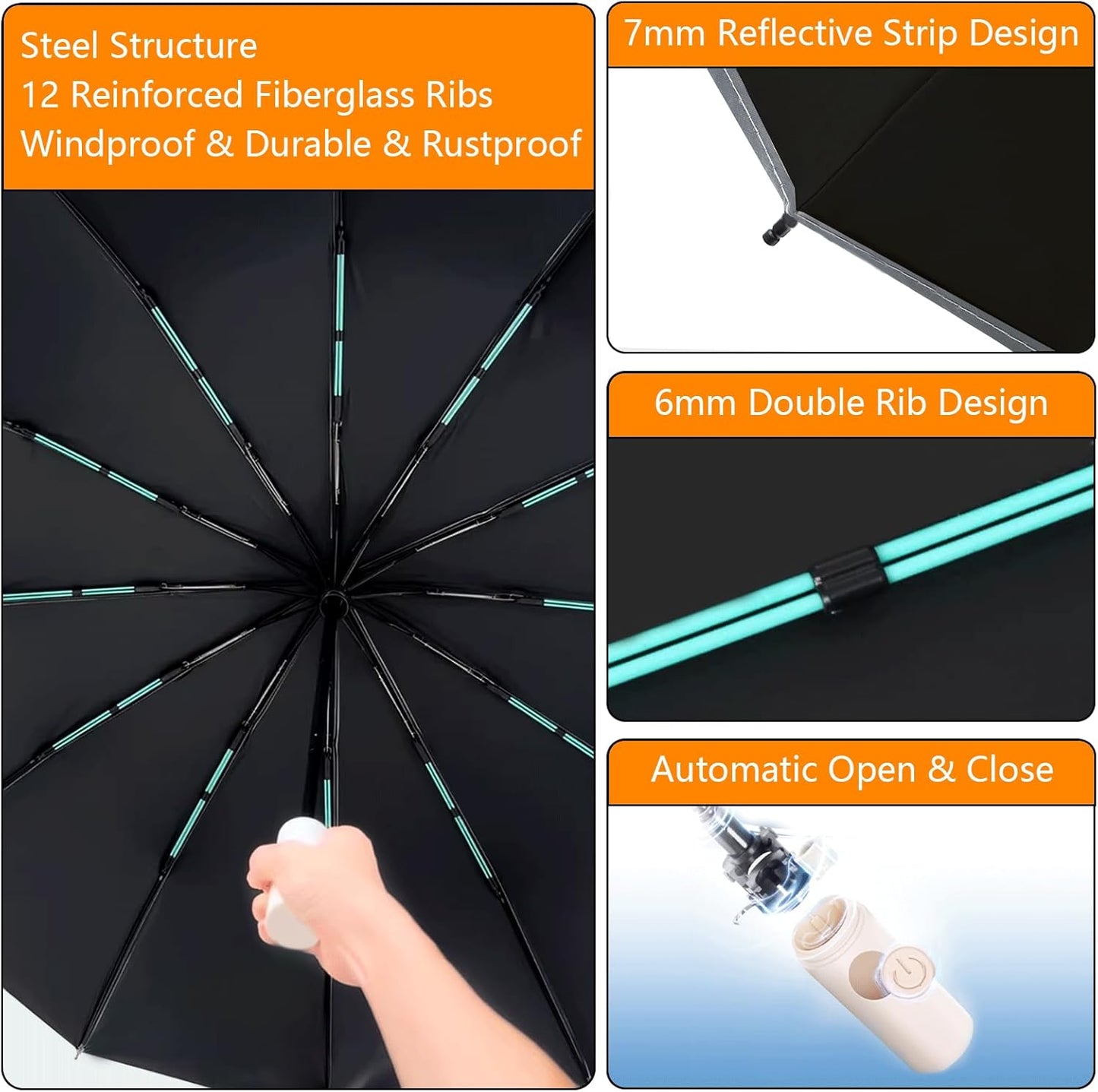 Large Double-Ribs Umbrella Automatic Folding Umbrella for Women Men, Travel, UPF 50+ UV Protection
