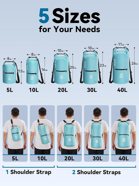 HEETA Waterproof Dry Bag with Front Zippered Pocket for Women Men, 5L/10L/20L/30L/40L Roll Top Lightweight Dry Storage Bag Backpack for Travel, Kayaking, Boating, Rafting, Camping, Hiking & Beach