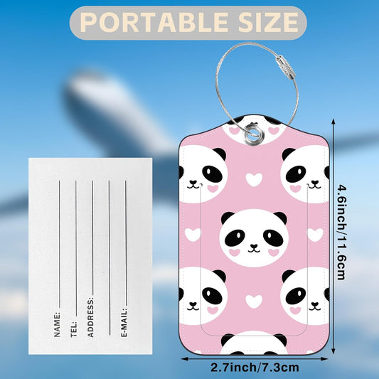 2 Pcs Cute Panda and Heart Luggage Tags for Suitcases PU Leather Baggage Tags Name ID Label with Privacy Cover and Stainless Steel Loop for Men Women Travel Bag Suitcase