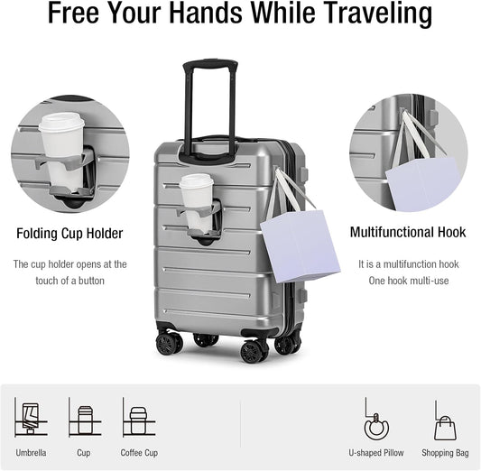 KYME Carry On Luggage 22x14x9 Airline Approved with Cup Holder Hardside Carry On Suitcase with Spinner Wheels Hardshell Travel Rolling 22 Inch Luggage with TSA Lock for Women Men Silver