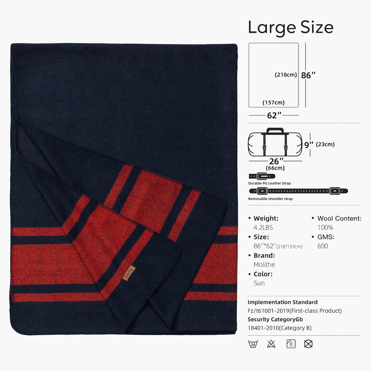 100% Wool Blanket, 62" x 86", Warm, Thick, Washable, Military Wool Blanket, Great for Camping, Outdoors, Sporting Events, Survival Kits