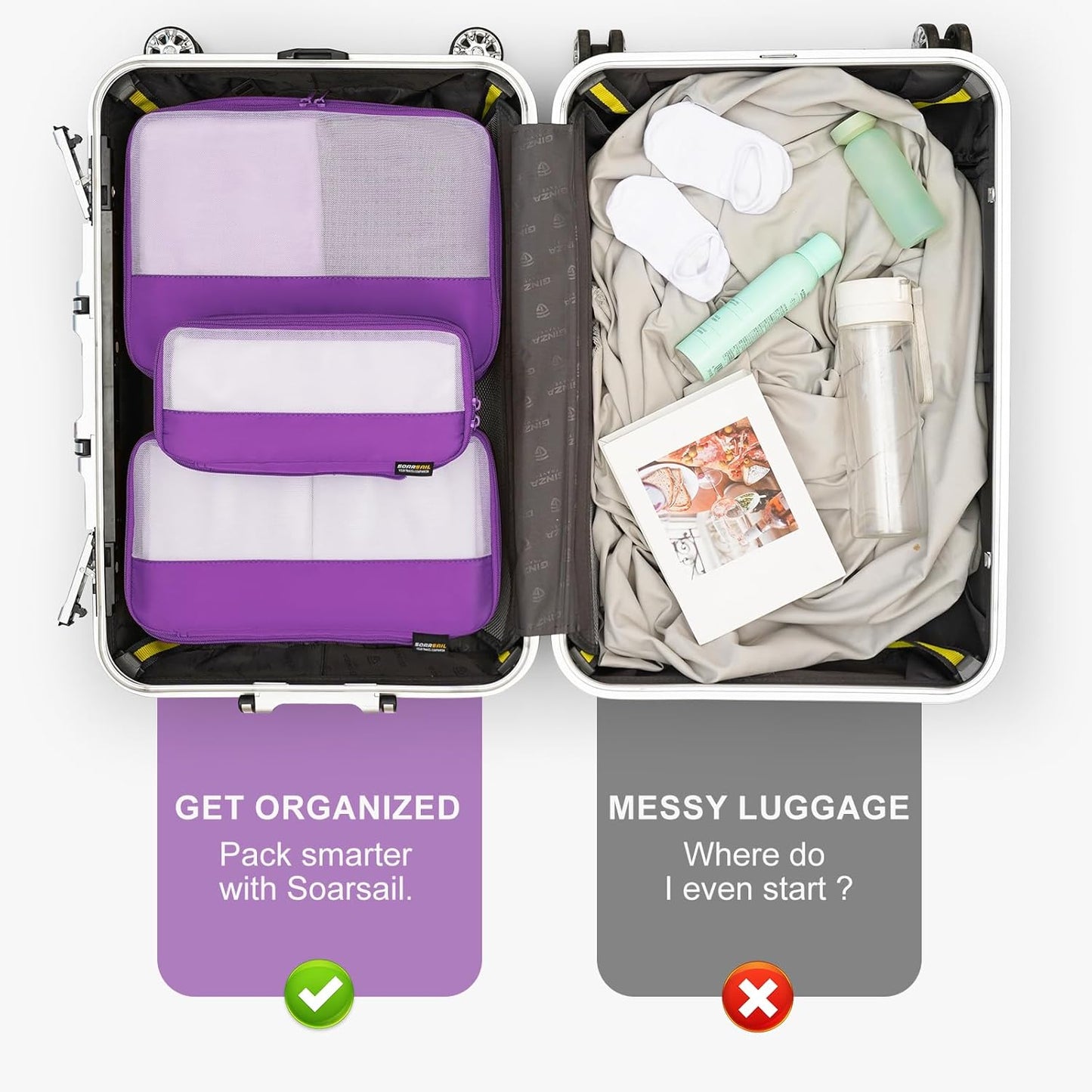 6 Set Compression Packing Cubes for Travel Essentials, Luggage Organizers for Suitcases (Bright Purple)