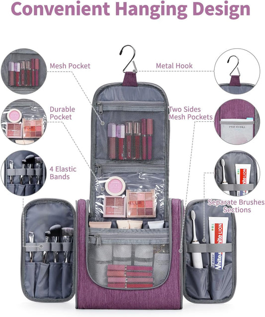 Hanging Toiletry Bag for Women Travel Makeup Bag Organizer Toiletries Bag for Cosmetics Essentials Accessories (Large, Dark Purple)
