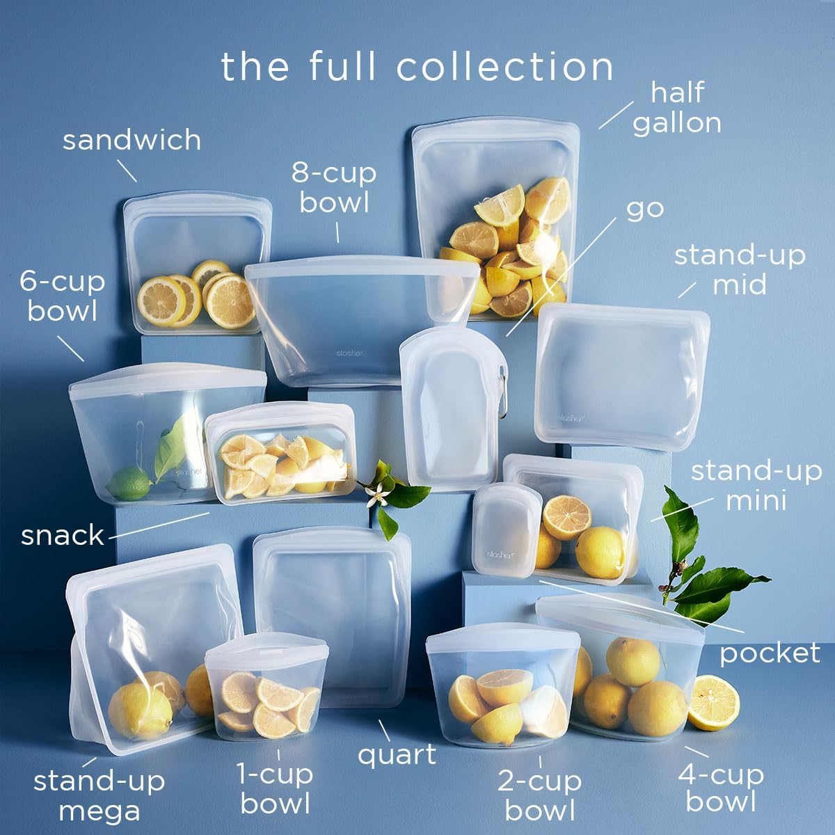 Stasher Premium Silicone Reusable Food Storage Bags, 4-Pack, Aqua, Multi-Use Food Storage Bags, Lunch Bag, Travel Containers, BPA Free, Leak-free, Dishwasher-Safe, Eco-friendly