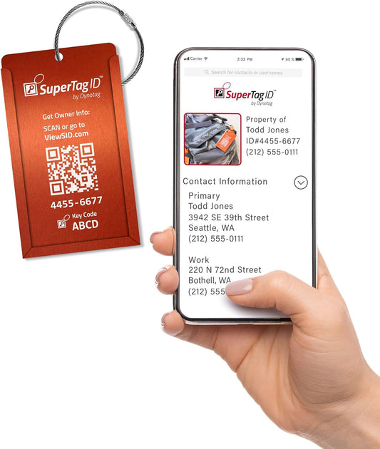 Dynotag® Web Enabled Smart Aluminum Convertible Luggage ID Tag + Braided Steel Loop, with DynoIQ™ & Lifetime Recovery Service (Electric Orange)