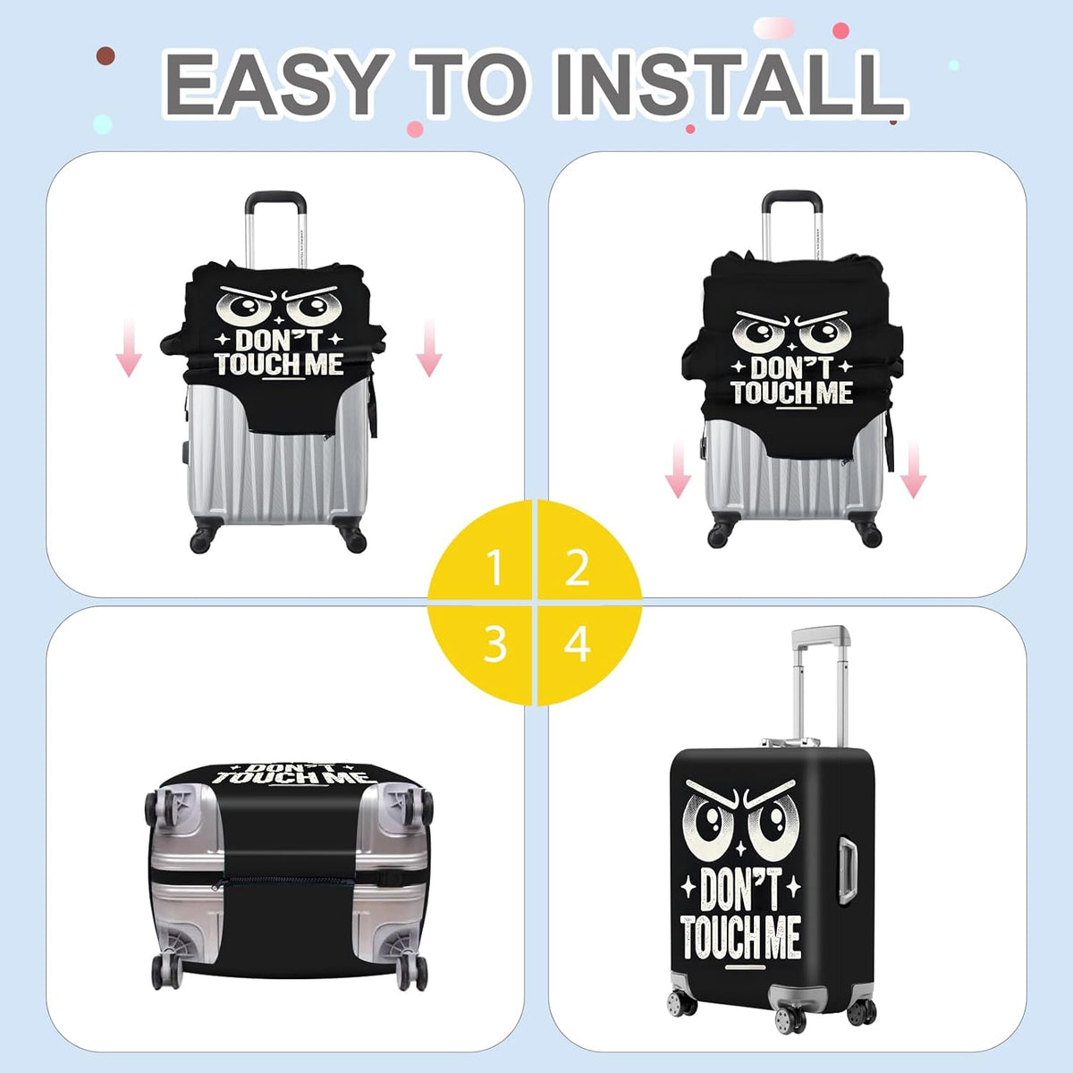 ANNA QUEEN Funny “Don’t Touch Me” Luggage Cover, Bold Black Suitcase Protector with Angry Eyes Design, Stretchable, Washable Travel Cover for 24-26 Inch Luggage