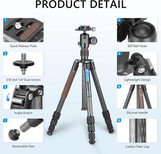 Carbon Fiber Lightweight Travel Tripod with 360° Ball Head, Removable Center Column, Folded Height 37cm, Weight 1.12kg, Maximum Load 8KG(LX-224CT+XB-32Q)