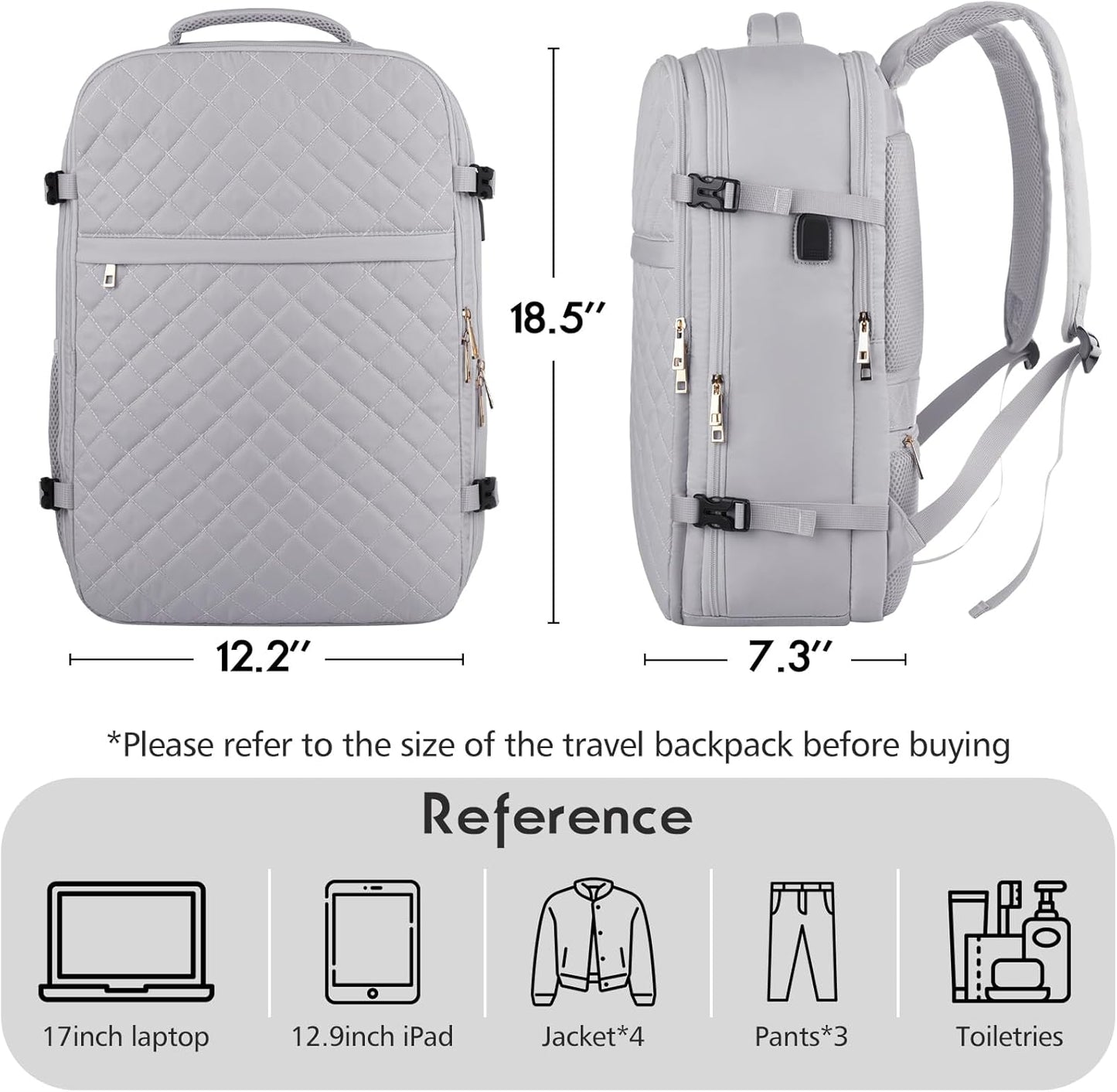 MOMUVO Large Travel Backpack Women, Flight Approved Carry On Backpack, Water Resistant Anti-Theft Large Casual Daypack Fit 17 Inch Laptop with USB Charging Port, Grey
