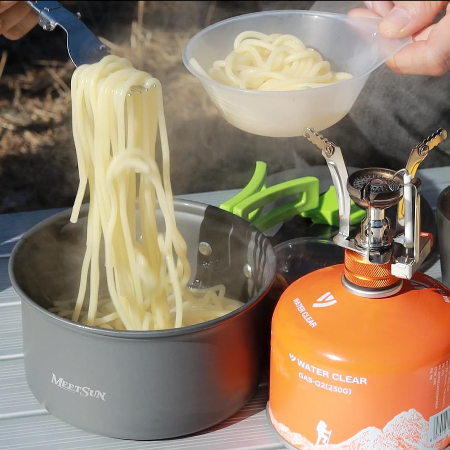 MEETSUN Lightweight Backpacking Cookware Set, Aluminum Camp Cooking Set with 1L Pot,Camping Mess Kit for 1 with Folding Tableware Perfect for Backpacking Stove Kit,Outdoor,Hiking,Survival,Emergency.