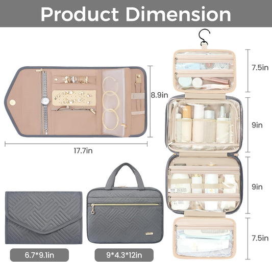 BAGAIL Hanging Toiletry Bag for Women Water-resistant Cosmetic Bag Large Capacity Travel Makeup Organizer for Full-Sized Travel Essentials(Classic+Jewelry Bag, Grey)