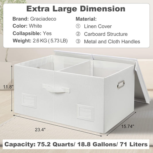 75 Quarts Extra Large Decorative Storage Bins with Lids, 3 Packs White Collapsible Storage Bins with Lids, Stackable Storage Bins Decorative Box Storage With Lid Extra Large