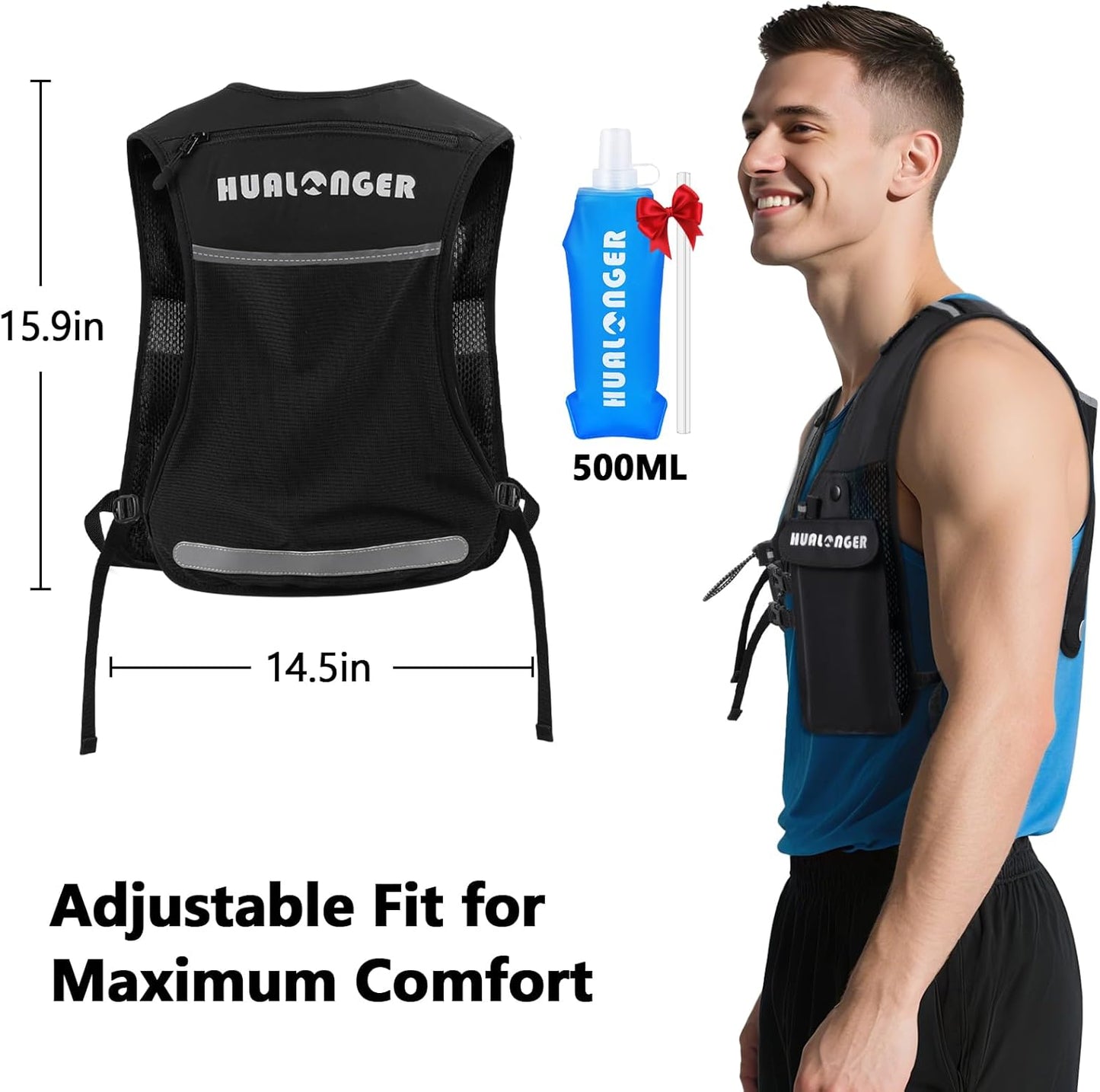 Running Hydration Vest for Women Men,Lightweight Breathable Hydration Pack with 500ml Soft Flask, Adjustable Chest Straps Reflective Backpack for Trail Running Marathon Race Jogging Cycling